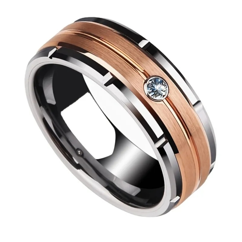 Men's Tungsten Wedding Band, Cubic Zirconia Diamond Solitaire Wedding Band Ring. - Picture 3 of 6